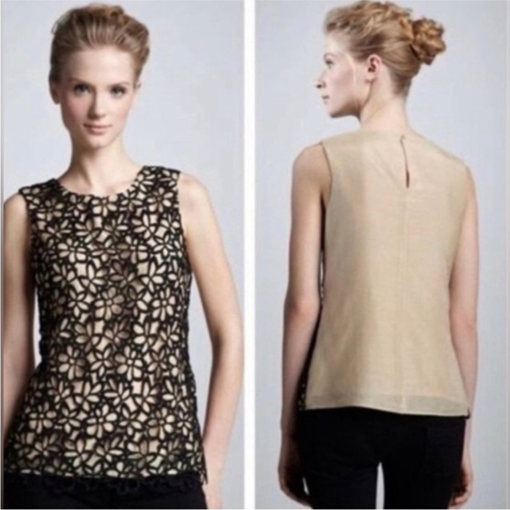 NEIMAN MARCUS NWOT Lela Rose Sleeveless Tank Beige Black Cotton Silk XS